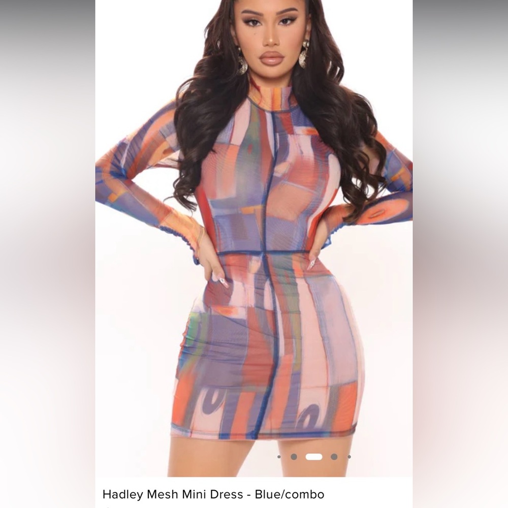Fashion Nova Multicolor Abstract Long Sleeve Mesh Top - Orange, Blue, Purple